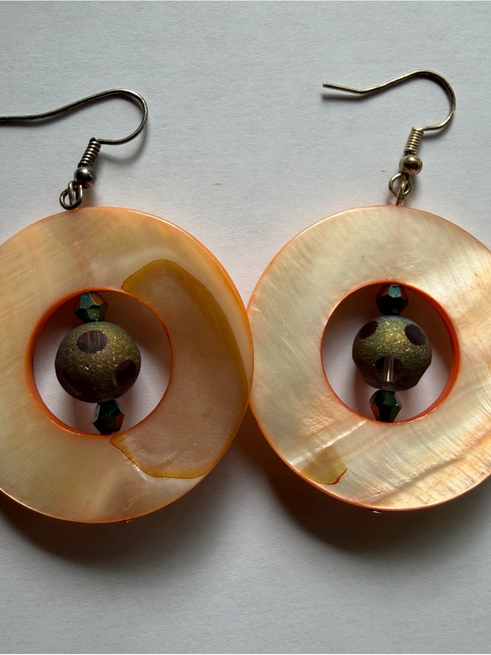Retro Boho Mother of Pearl Shell Hoop Earrings Peach Orange Statement Bead